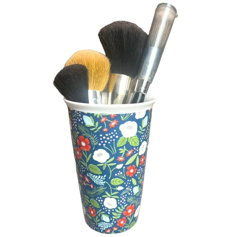 Blue Floral Double Walled Insulated Ceramic Travel Tumbler Pencil Holder READ - Picture 4 of 9